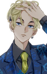 Rule 34 | 1boy, blonde hair, blue eyes, collared shirt, commentary request, earrings, hand in own hair, jewelry, lapels, long sleeves, looking back, male focus, matsuno chifuyu, necktie, nori20170709, notched lapels, shirt, short hair, simple background, single earring, solo, tokyo revengers, twitter username, undercut, white background, yellow necktie