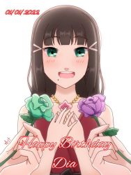 Rule 34 | 1girl, artist name, artist request, black bow, black corset, black hair, blunt bangs, bow, breasts, closed mouth, corset, dress, dress bow, female focus, flower, flower bracelet, green eyes, green flower, hair ornament, hand on own chest, holding, holding flower, jewelry, kurosawa dia, long hair, looking at viewer, love live!, love live! school idol festival, love live! sunshine!!, mole, mole under mouth, necklace, pearl necklace, pink flower, plaid, plaid dress, pleated, pleated dress, purple flower, red dress, sleeveless, sleeveless dress, solo, teeth, upper body, upper teeth only, white background