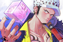 Rule 34 | 1boy, artist name, black hair, chest tattoo, closed mouth, collarbone, commentary, earrings, facial hair, finger tattoo, fur hat, goatee, hand tattoo, hat, heart (organ), highres, holding, holding sword, holding weapon, jewelry, male focus, mygiorni, one piece, portrait, short hair, sideburns, solo, sword, tattoo, trafalgar law, weapon, white hat