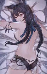 Rule 34 | 1girl, animal ears, armlet, ass, back, bare arms, bare back, bare shoulders, bed sheet, bikini, black bikini, black hair, braid, breasts, butt crack, cowboy shot, duplicate, erune, flat ass, from behind, granblue fantasy, long hair, looking at viewer, looking back, lying, medium breasts, nier (granblue fantasy), nier (lover by the lily lake) (granblue fantasy), on stomach, parted lips, pillow, red eyes, sideboob, smile, solo, swimsuit, twin braids, wuming