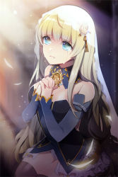 Rule 34 | 1girl, ahoge, bare shoulders, black thighhighs, blonde hair, blue eyes, breasts, crying, crying with eyes open, detached collar, detached sleeves, frilled skirt, frills, frown, helena k sink, helena k sync, long hair, lowres, medium breasts, own hands clasped, own hands together, seiza, showgirl skirt, sitting, skirt, solo, sword girls, tears, thighhighs, tyuhus, veil, very long hair