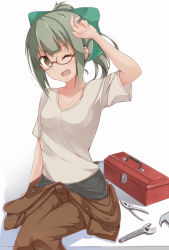 Rule 34 | 1girl, ;d, alternate costume, arm up, bespectacled, bow, brown-framed eyewear, brown eyes, brown overalls, buttons, collarbone, commentary, glasses, green bow, green hair, hair bow, highres, kantai collection, looking at viewer, muted color, one eye closed, open mouth, overalls, overalls pull, pliers, ponytail, screwdriver, semi-rimless eyewear, shirt, short sleeves, sidelocks, sitting, smile, solo, t-shirt, tool kit, under-rim eyewear, white background, wrench, yoriha yashiro, yuubari (kancolle)