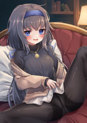 Rule 34 | 1girl, bags under eyes, black hair, black pantyhose, black undershirt, blue archive, blue eyes, blue hairband, blush, brown cardigan, cardigan, couch, gusset, hair between eyes, hairband, highres, indoors, jewelry, lifted by self, long hair, long sleeves, looking at viewer, low twintails, messy hair, miniskirt, necklace, on couch, open mouth, panties, panties under pantyhose, pantyhose, pleated skirt, skirt, solo, spread legs, turtleneck, twintails, ui (blue archive), umou (may65879), underwear, very long hair, white panties, white skirt