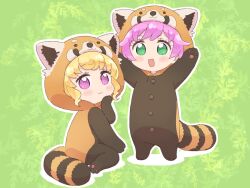 Rule 34 | 2girls, :3, :d, animal hood, arms up, blonde hair, blush, chibi, commentary request, cosplay, fake tail, floral background, full body, green background, green eyes, hand on own chin, hood, hood up, idol time pripara, ikzw, kigurumi, long sleeves, looking at viewer, manaka laala, multiple girls, open mouth, outstretched arms, pretty series, pripara, purple eyes, purple hair, red panda costume, seiza, short hair, sitting, smile, tail, yumekawa yui
