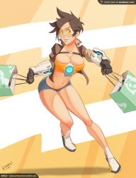 Rule 34 | 1girl, bag, breasts, brown gloves, brown hair, cleavage, full body, gloves, goggles, jacket, large breasts, midriff, navel, open clothes, open jacket, orange-tinted eyewear, overwatch, overwatch 1, running, shoes, shopping bag, short hair, short shorts, shorts, sinner! (sillygirl), sneakers, solo, spiked hair, tinted eyewear, tracer (overwatch), very short hair, visor, watermark, web address, yellow-tinted eyewear