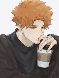 Rule 34 | 1boy, aokawa yoru, black shirt, black sweater, blue lock, closed mouth, cup, earrings, highres, holding, holding cup, jewelry, kunigami rensuke, long sleeves, looking away, male focus, orange eyes, orange hair, ring, shirt, short hair, simple background, sleeves past wrists, solo, sweater, upper body, white background