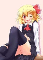 Rule 34 | 1girl, ;d, black thighhighs, blonde hair, content rating, fang, female focus, hair ribbon, one eye closed, open mouth, red eyes, ribbon, rumia, smile, solo, thighhighs, touhou, wink, yakumo nanahara