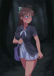 Rule 34 | 10s, 1girl, 2016, ahoge, artist name, bag, between breasts, black shirt, blush, bookbag, bow, breasts, brown hair, closed mouth, collared shirt, dark, dated, dress, expressionless, forest, green bow, green eyes, hair bow, handbag, kamiya midori, looking back, looking to the side, nature, neckerchief, night, original, outdoors, over shoulder, plant, pleated dress, ponytail, ribbon, shirt, short sleeves, solo, standing, tree, walking, white dress, white ribbon, zheng