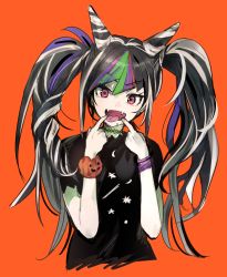 Rule 34 | 10s, 1girl, alternate hairstyle, bad id, bad twitter id, barbell piercing, black hair, bracelet, choker, danganronpa (series), danganronpa 2: goodbye despair, fangs, fingers to mouth, green hair, hair horns, hair up, halloween, jewelry, long hair, mioda ibuki, mouth pull, multicolored hair, open mouth, orange background, otohime (kk23maa), piercing, pink eyes, purple hair, scrunchie, sketch, smile, solo, tongue, tongue out, twintails, upper body, white hair, wrist scrunchie