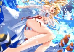 Rule 34 | 1girl, :d, ass, bare legs, barefoot, bikini, blonde hair, blurry, breasts, cleavage, clownfish, commentary request, depth of field, fate/grand order, fate (series), fish, foreshortening, from below, front-tie top, green eyes, hair between eyes, hair intakes, hair ribbon, highres, large breasts, long hair, nero claudius (fate), nero claudius (fate) (all), nero claudius (swimsuit caster) (fate), nero claudius (swimsuit caster) (third ascension) (fate), open mouth, petals, ribbon, side-tie bikini bottom, smile, solo, striped bikini, striped clothes, swimsuit, tsuuhan, underboob, underwater
