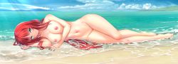 Rule 34 | 1girl, barefoot, beach, blue sky, breasts, cleft of venus, cloud, completely nude, day, genshin impact, green eyes, highres, kousaki natsu, large breasts, long hair, lying, nilou (genshin impact), nipples, nude, ocean, on side, outdoors, parted lips, pussy, sand, shallow water, sky, smile, solo, sunlight, water