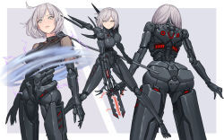 Rule 34 | + +, 1girl, android, arm mounted weapon, arms at sides, black necktie, bob cut, border, breasts, detached collar, dual wielding, electricity, facing away, fighting stance, frown, grey background, grey eyes, grey hair, hair over shoulder, highres, holding, holding polearm, holding weapon, legs apart, looking at viewer, mecha musume, multiple views, necktie, original, outside border, parted lips, polearm, see-through, see-through sleeves, short hair, short sleeves, simple background, standing, transformation, weapon, white border, xzu