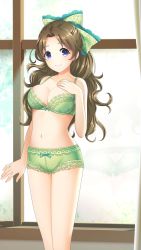 Rule 34 | 1girl, blue eyes, bow, bra, breasts, brown hair, cleavage, closed mouth, collarbone, doukyuusei another world, game cg, green bow, green bra, green panties, hair bow, kakyuusei 2, large breasts, long hair, looking at viewer, navel, official art, panties, shirai yuuri, short shorts, shorts, smile, solo, standing, underwear, underwear only, very long hair