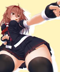 Rule 34 | 1girl, ahoge, ass, black serafuku, blush, breasts, brown eyes, brown hair, closed mouth, dd (ijigendd), fingerless gloves, from below, gloves, gluteal fold, hair between eyes, hair flaps, hairband, highres, kantai collection, medium breasts, neckerchief, red hairband, school uniform, serafuku, shiratsuyu (kancolle), short hair, simple background, solo, standing, thighhighs, underboob, whistle, whistle around neck, zipper