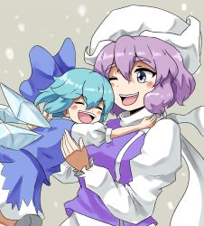 Rule 34 | artist request, blue bow, blue eyes, blue skirt, blue vest, blush, bow, breasts, cirno, closed eyes, hair bow, happy, highres, ice, ice wings, letty whiterock, light purple hair, medium breasts, one eye closed, open mouth, outdoors, scarf, shirt, skirt, teeth, thick eyebrows, touhou, upper body, upper teeth only, vest, white headwear, white scarf, white shirt, wings, yuki onna