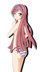 Rule 34 | 10s, 1girl, ass, female focus, gotanda ran, infinite stratos, long hair, looking back, panties, red hair, solo, striped clothes, striped panties, thighs, underwear, white background