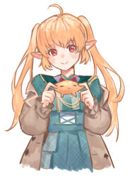Rule 34 | 1girl, absurdres, ahoge, blonde hair, bow, bowtie, brown coat, coat, dress, green dress, highres, long hair, maplesights, nijisanji, nijisanji en, official alternate costume, open clothes, open coat, pointy ears, pomu rainpuff, pomu rainpuff (4th costume), pomudachi (pomu rainpuff), red bow, red bowtie, red eyes, simple background, smile, solo, twintails, virtual youtuber, white background