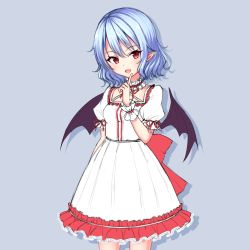 Rule 34 | 1girl, absurdres, alternate color, bat wings, blue background, blue hair, cowboy shot, dress, fang, finger to mouth, frilled dress, frills, highres, index finger raised, junior27016, lolita fashion, neck ribbon, open mouth, pointy ears, puffy short sleeves, puffy sleeves, purple background, red eyes, red ribbon, remilia scarlet, ribbon, short sleeves, solo, touhou, white dress, wings, wrist cuffs