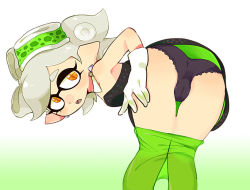 Rule 34 | + +, 1girl, ass, bent over, black panties, brown eyes, clothes pull, detached collar, dress, female focus, food, food on head, from behind, gloves, green pantyhose, grey hair, inkling, lace, lace-trimmed panties, lace trim, looking at viewer, looking back, marie (splatoon), mole, mole under eye, nintendo, nonose, object on head, open mouth, panties, pantyhose, pantyhose pull, presenting, short dress, short hair, solo, splatoon (series), splatoon 1, standing, strapless, strapless dress, tentacle hair, thigh gap, underwear, white gloves
