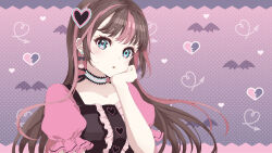 Rule 34 | 1girl, absurdres, bat (animal), blue eyes, blush, brown hair, center frills, choker, earrings, frills, hair ornament, hand on own cheek, hand on own face, heart, heart hair ornament, highres, jewelry, lavie (cestbonlavie), looking at viewer, multicolored hair, open mouth, original, pink hair, polka dot, polka dot background, puffy short sleeves, puffy sleeves, short sleeves, solo, star-shaped pupils, star (symbol), symbol-shaped pupils, two-tone hair, upper body