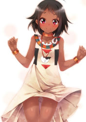 Rule 34 | 10s, 1girl, alza, black hair, blush, bracelet, choi mochimazzui, choker, clothes lift, cowboy shot, dark-skinned female, dark skin, dress, dress lift, jewelry, looking at viewer, lots of jewelry, neck ring, necklace, pink eyes, short hair, simple background, solo, tamako market, white background