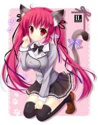 Rule 34 | 1girl, animal ears, bad id, bad pixiv id, black thighhighs, blazer, bow, hair ribbon, hair tie, heart, jacket, loafers, looking at viewer, mitha, original, paw pose, pink hair, red eyes, ribbon, school uniform, shoes, skirt, solo, tail, thighhighs