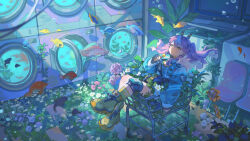 1girl absurdres animal blue_flower bubble candy chair chrysanthemum closed_mouth commission dot_mouth ema3 expressionless fish floating_hair flower food hair_between_eyes hair_ornament highres holding holding_candy holding_food holding_lollipop indoors jacket lollipop long_hair long_sleeves original pink_flower pink_hair plant rabbit sitting solo twintails underwater washing_machine white_flower white_rabbit_(animal) yellow_eyes yellow_footwear