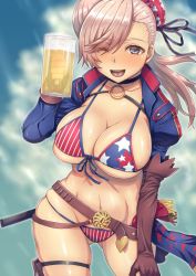 Rule 34 | 1girl, alcohol, american flag bikini, american flag print, arinotowatari, asymmetrical hair, beer, beer mug, between legs, bikini, blue eyes, blue sky, blush, breasts, brown gloves, bun cover, cleavage, cloud, collarbone, commentary request, cup, day, elbow gloves, facing viewer, fate/grand order, fate (series), fingerless gloves, flag print, gloves, hair bun, hand between legs, holding, holding cup, large breasts, long hair, looking at viewer, miyamoto musashi (fate), miyamoto musashi (fate/grand order), miyamoto musashi (swimsuit berserker) (fate), miyamoto musashi (swimsuit berserker) (second ascension) (fate), mug, multi-strapped bikini, one eye closed, outdoors, pink hair, print bikini, shrug (clothing), single hair bun, skindentation, sky, smile, solo, swept bangs, swimsuit, thigh strap