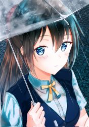Rule 34 | 1girl, aqua eyes, aqua shirt, artist name, artist request, black vest, blue eyes, blush, bow, breasts, brown hair, buttons, close-up, collared shirt, female focus, hair between eyes, hair bow, highres, holding, holding umbrella, long hair, looking at viewer, love live!, love live! nijigasaki high school idol club, nijigasaki school uniform, osaka shizuku, outdoors, parted lips, ponytail, rain, red bow, ribbon, school uniform, shirt, short sleeves, small breasts, smile, solo, sweater vest, umbrella, upper body, vest, white shirt, yellow buttons, yellow neckwear, yellow ribbon, zakimpo