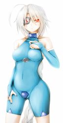 Rule 34 | 1girl, ahoge, arc system works, blazblue, blush, bodysuit, braid, breasts, bridal gauntlets, covered navel, crotch plate, eyepatch, female focus, highres, large breasts, long hair, looking at viewer, nail polish, nu-13, silver hair, single braid, skin tight, snm (sunimi), solo, very long hair