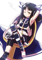 Rule 34 | 1girl, armpits, black hair, black thighhighs, blouse, blue shirt, blunt bangs, collared shirt, gun, hair ribbon, kaguyahime (mary skelter), mary skelter, mizunashi (second run), necktie, one eye closed, ribbon, shirt, simple background, smoke, solo, standing, standing on one leg, thighhighs, twintails, weapon, white background, white necktie, yellow eyes