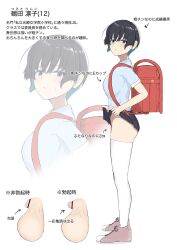 Rule 34 | 1futa, absurdres, backpack, bag, black hair, blue eyes, blush, breasts, censored, character sheet, clothes lift, futanari, highres, hipohipomango, japanese text, large breasts, multicolored hair, no panties, penis, shirt, shoes, short hair, skirt, skirt lift, small penis, testicles, thighhighs, translation request, two-tone hair