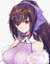 Rule 34 | 1girl, akym, bare shoulders, breasts, caster (lostbelt), choker, dress, fate/grand order, fate (series), fur trim, headpiece, highres, large breasts, long hair, looking at viewer, purple hair, red eyes, scathach (fate), scathach skadi (fate), scathach skadi (third ascension) (fate), solo, tiara, upper body, white background