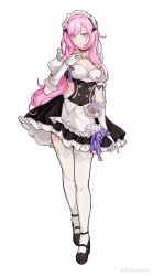 Rule 34 | 1girl, absurdres, alternate costume, apron, artist name, black dress, black footwear, blue eyes, breasts, check translation, cleavage, closed mouth, dress, elf, elysia (honkai impact), elysia (miss pink elf), elysia (miss pink elf) (honkai impact), enmaided, frilled dress, frills, full body, gloves, highres, honkai (series), honkai impact 3rd, long hair, looking at viewer, maid, maid apron, maid headdress, mary janes, official alternate costume, ovosaki, pink hair, pointy ears, ponytail, shoes, short sleeves, simple background, solo, standing, thighhighs, translation request, white background, white gloves, white thighhighs