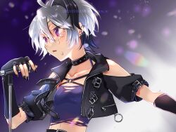 Rule 34 | 1girl, arm warmers, artist name, belt, belt collar, black gloves, black jacket, black nails, clothing cutout, collar, collarbone, commentary, crop top, crying, dated, elbow gloves, emu (marico w), fingerless gloves, flower (vocaloid), flower (vocaloid4), gloves, highres, holding, holding microphone, jacket, lens flare, looking to the side, microphone, midriff, multicolored hair, navel, o-ring, open mouth, petite, purple eyes, purple hair, purple shirt, shirt, shoulder cutout, sidelighting, single arm warmer, solo, streaked hair, tears, torn clothes, torn shirt, twitter username, upper body, vocaloid, watermark, white hair