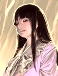 Rule 34 | 1girl, backlighting, black hair, blunt bangs, bow, bowtie, brown eyes, closed mouth, commentary request, envenomist (gengoroumaru), expressionless, frilled shirt collar, frills, half-closed eyes, highres, houraisan kaguya, long hair, sidelocks, simple background, solo, touhou, underlighting, upper body, white bow, white bowtie