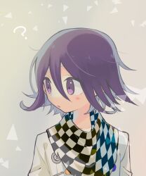 Rule 34 | 1boy, ?, black scarf, blush stickers, brown background, buttons, chain, checkered clothes, checkered scarf, danganronpa (series), danganronpa v3: killing harmony, double-breasted, hair between eyes, highres, jacket, long sleeves, looking to the side, male focus, multicolored buttons, oma kokichi, parted lips, purple eyes, purple hair, scarf, short hair, simple background, solo, triangle, two-tone scarf, upper body, white jacket, white scarf, white sleeves, yomoda (7taizai7bitoku)