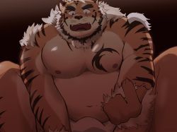 Rule 34 | 1boy, bara, blue eyes, blush, bulge, facial hair, furry, furry male, grabbing, highres, hombre tigre (housamo), large pectorals, male focus, muscular, nipples, pectoral grab, pectorals, sawch cls, topless male, short hair, solo, thick eyebrows, thick thighs, thighs, tokyo houkago summoners, white hair