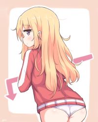 Rule 34 | 10s, 1girl, :/, arrow (symbol), ass, bad id, bad pixiv id, blonde hair, blue eyes, blush, border, closed mouth, from behind, gabriel dropout, gabriel tenma white, jacket, messy hair, panties, profile, red jacket, solo, track jacket, underwear, white panties, yaplus