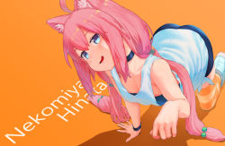 Rule 34 | 1girl, ahoge, all fours, animal ear fluff, animal ears, blue eyes, cat ears, character name, choker, downblouse, head tilt, highres, hinata channel, long hair, looking at viewer, low twintails, nekomiya hinata, no bra, open mouth, orange background, pink hair, ponderogen, shadow, simple background, smile, solo, striped clothes, striped legwear, striped thighhighs, thighhighs, twintails, virtual youtuber