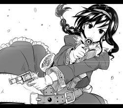 Rule 34 | 1girl, belt, braid, closed mouth, coat, dress, gloves, greyscale, gun, hairband, kitayama miuki, long hair, looking at viewer, monochrome, simple background, solo, virginia maxwell, weapon, white background, wild arms, wild arms 3