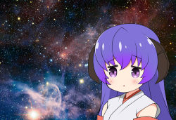 Rule 34 | 1girl, :&lt;, blue hair, blush, commentary request, curled horns, gaou (babel), gradient hair, hair between eyes, hanyuu, higurashi no naku koro ni, horns, japanese clothes, kimono, long hair, looking at viewer, meme, multicolored hair, parted lips, purple eyes, purple hair, sleeveless, sleeveless kimono, solo, space, space cat (meme), star (sky), triangle mouth, upper body, white kimono