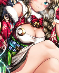 Rule 34 | 1girl, argyle, bad id, bad pixiv id, bell, blonde hair, blue eyes, blush, bow, braid, breasts, breath, christmas, cleavage, closed mouth, crescent, decchi oyabun, detached sleeves, female focus, fur trim, gloves, hair over shoulder, head out of frame, large breasts, crossed legs, long hair, looking at viewer, original, red bow, red gloves, snowflake print, solo, striped, wristband