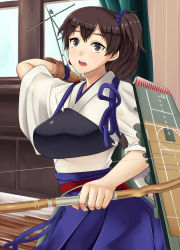 Rule 34 | 10s, 1girl, archery, bow (weapon), brown eyes, brown hair, flight deck, gloves, hai ookami, highres, japanese clothes, kaga (kancolle), kantai collection, kyuudou, long hair, muneate, open mouth, personification, side ponytail, solo, sweat, weapon