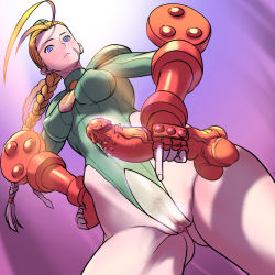 Rule 34 | 1girl, antenna hair, bad id, bad pixiv id, blonde hair, blue eyes, braid, cameltoe, cammy white, capcom, censored, cosine, crotchless, dildo, female pubic hair, from below, garrison cap, gauntlets, green leotard, hand on own hip, hat, highleg, highleg leotard, highres, hip focus, leotard, long hair, pointing, pubic hair, pussy, scar, see-through, sex toy, solo, spread pussy, standing, street fighter