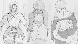 Rule 34 | ass, back, bow, breasts, clothing cutout, flower, frills, gloves, greyscale, hair flower, hair ornament, hand on own hip, heattech leotard, highres, huge ass, juliet sleeves, kaine (nier), long sleeves, mole, monochrome, muscular, muscular female, nier:automata, nier (series), panties, puffy sleeves, ribbon, short hair, sweat, thick thighs, thighs, underwear, yoracrab, 2b (nier:automata), a2 (nier:automata)