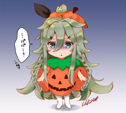 Rule 34 | 1girl, artist name, blue background, braid, commentary request, full body, gradient background, green eyes, green hair, grey background, hair between eyes, hair flaps, hair ornament, hair ribbon, hairclip, halloween, halloween costume, hokuna rin, jack-o&#039;-lantern, kantai collection, long hair, looking at viewer, one-hour drawing challenge, parted bangs, ponytail, pumpkin costume, pumpkin hat, ribbon, sidelocks, solo, twin braids, yamakaze (kancolle), yamakaze kai ni (kancolle)
