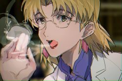 Rule 34 | 1girl, akagi ritsuko, blonde hair, cigarette, earrings, female focus, glasses, green eyes, highres, holding, holding cigarette, jewelry, lab coat, lips, lipstick, looking at viewer, makeup, mole, mole under eye, neon genesis evangelion, open mouth, portrait, solo, tagme, tongue