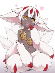 Rule 34 | 1girl, black skin, breasts, brown eyes, claws, colored skin, extra arms, faputa, female focus, horns, kneeling, made in abyss, monster girl, navel, open mouth, outie navel, outie navel, risumai, sharp teeth, small breasts, solo, tail, teeth, white hair