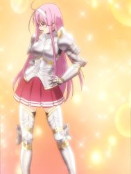 Rule 34 | 10s, 1girl, armor, bishie sparkle, blue eyes, boots, gauntlets, hands on own hips, headband, highres, kisaki mio, long hair, pink hair, pleated skirt, screencap, skirt, solo, sparkle, stitched, thigh boots, thighhighs, third-party edit, walkure romanze, zettai ryouiki